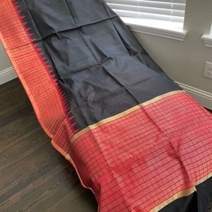 Black raw silk sari with red border